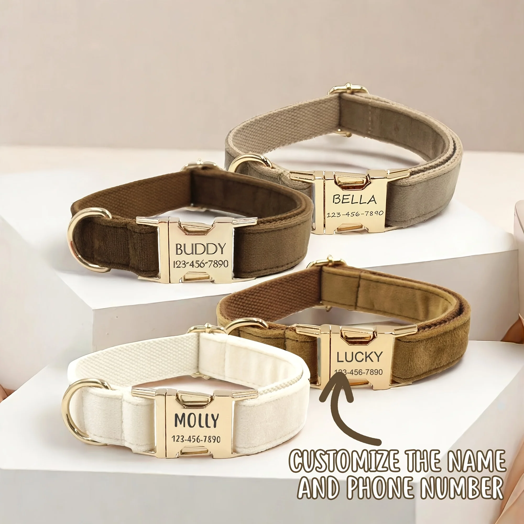 Personalized Velvet Dog Collar with Engraved ID Plate