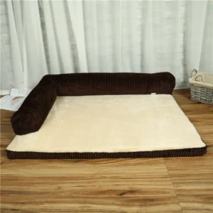 Corduroy Bolster Pet Bed shown flat, cream cushion with coffee-brown bolster trim