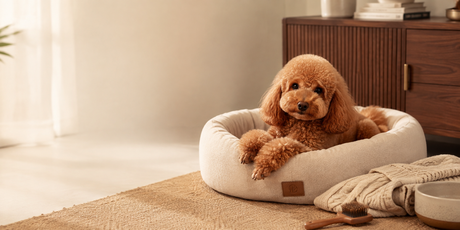 A cream-colored Poodle relaxing in a plush dog bed, surrounded by grooming and enrichment products in a warm, sunlit room